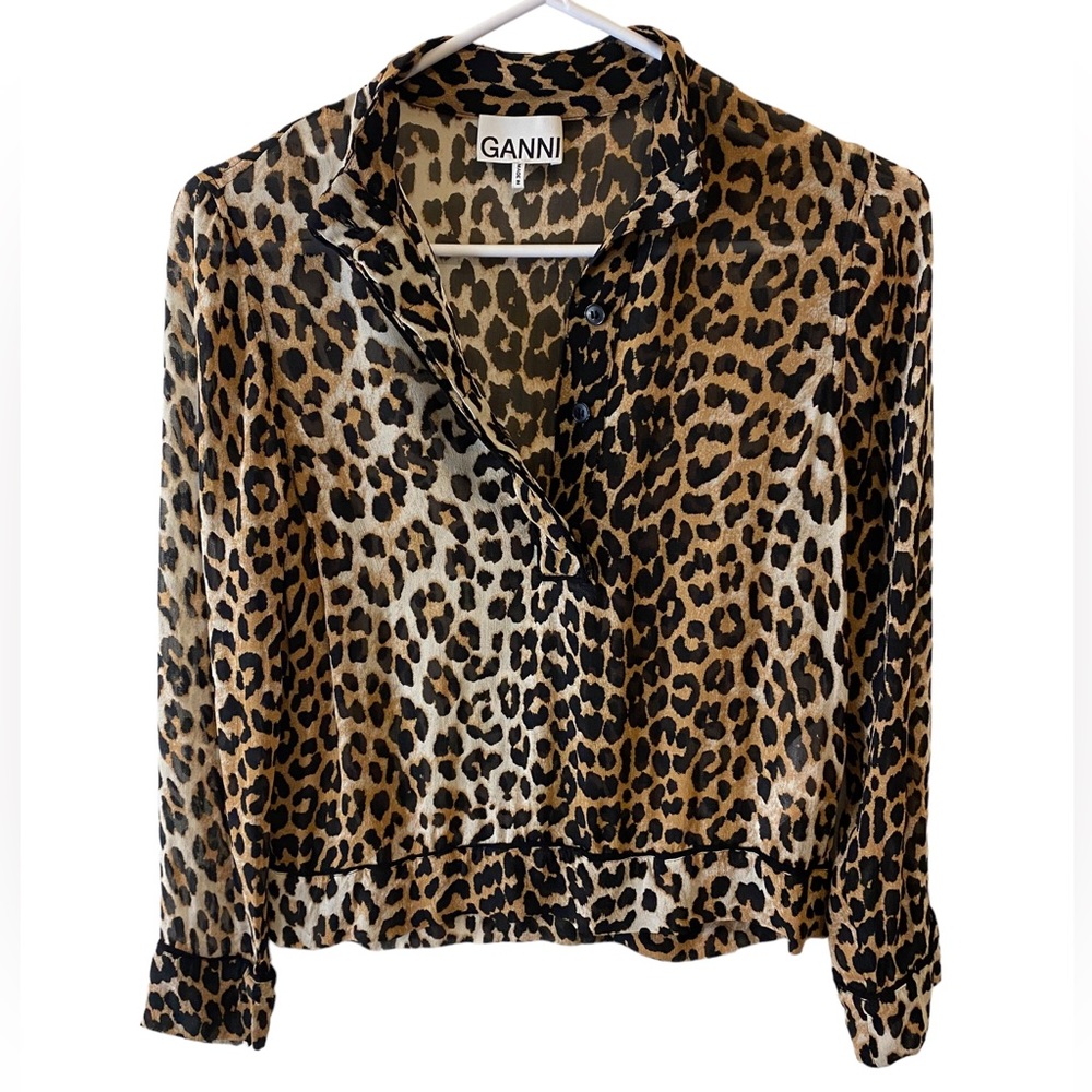 GANNI Leopard Print Georgette Long Sleeve Blouse - Picture 6 of 15
